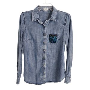 Crown & Ivy Women's Beaded Pocket Denim Button Down Shirt size XS